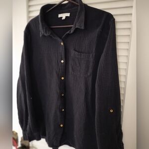 Anne Klein Women's Lucille Button-Down 100% Cotton Black Gauze Shirt Size XXL